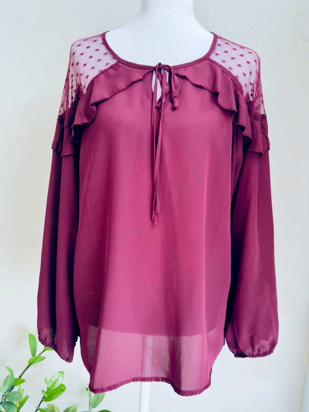 Tie-Neck Ruffle Blouse in Wine